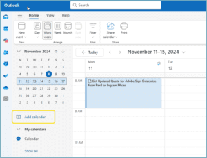 Go to your Outlook Calendar and click "Add Calendar."