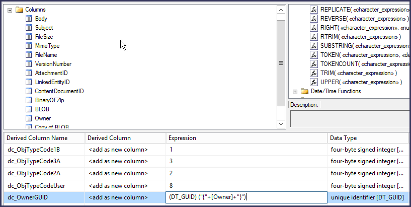 Derived Column SSIS component showing how to convert GUID string to GUID formatted for import into Dynamics 365.