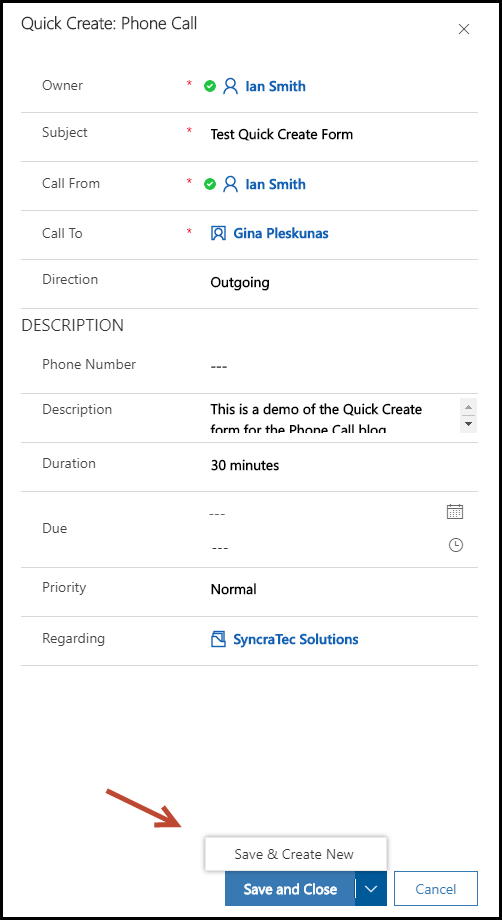 Manage Phone Calls in the Unified Interface Main Form Quick Create Form